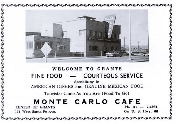 black and white 1958 advertisement of a Cafe and Restaurant, text and image of a 2 story brick building facing highway, 1950s car drives past. Neon sign reads: MONTE CARLO CAFE, on the facade