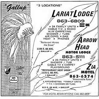 black and white 1960s advertisement of the Lariat, Zia and Arrowhead motels in Gallup