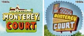 two different Monterey Motel neon signs, side by side the 1940s and the 1950s one