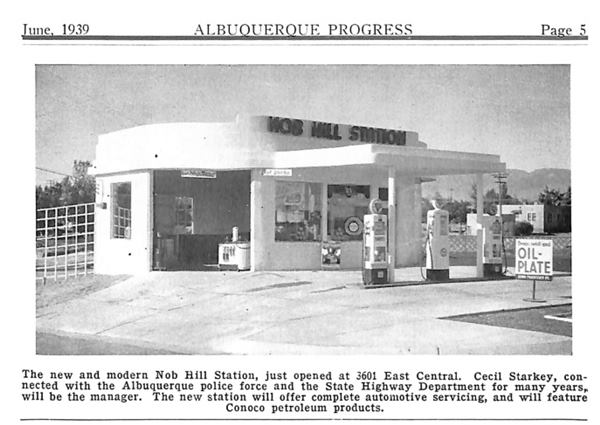 white geometric gas station, flat canopy, 3 pumps, curved corner service bay black and white 1939 picture
