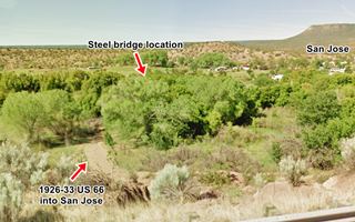 1926-33 US66 enters to San Jose dirt trail runs towards a forested area, Hills in the distance, San Jose to the right
