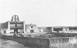 Santo Domingo Church 1880 black and white, 1880 Santo Domingo churches side by side, atrium with low wall surrounds them