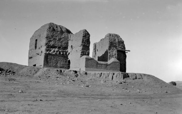 black and white ca.1919, thick adobe walls ruins of a Colonial Church in Pecos Pueblo