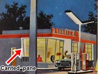 Canted pane on 1960s Phillips advert red arrow marks slanting window on a Phillips 66 1950s advertisement