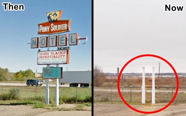 then and now sequence of the Pony Soldier Motel neon sign