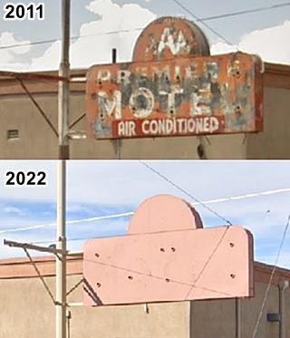 image showing top: faded red neon sign with words PREMIERE MOTEL in white, below same neon sign painted over brown
