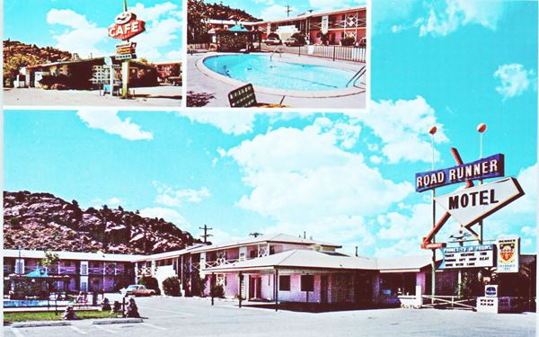 color postcard mid 60s with different sections showing a motel, its cafe, neon signs and swimming pool