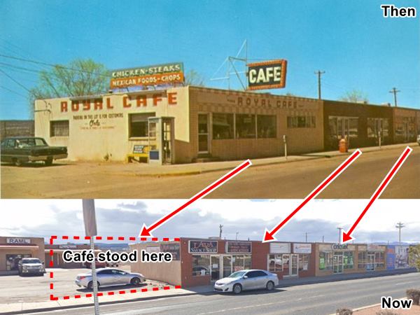 combination of two photos: TOP, color 1960s photo of cafe on the left and stores right, vintage car. BOTTOM: same view 2021, stores right, cafe gone, vacant lot replaced it