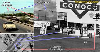 composite image: color 1950s Rio Grande Bridge and Sandia mountains, black and white view of a gas station, pumps, sign and Sandia Mountains 1963, and aerial picture 1955 of that same gas station