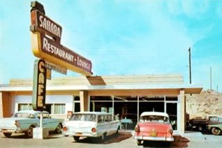 vintage cars, the bar and the neon sign