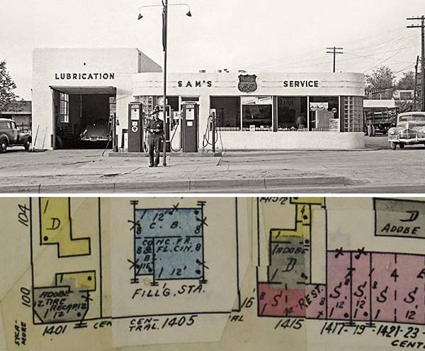 Sam’s Service vintage picture and 1942 insurance map 1940s black and white photo gas station, one service bay right, 3 gas pumps, man next to them, car on the right (top) and 1942 insurance map showing the filling station (bottom)