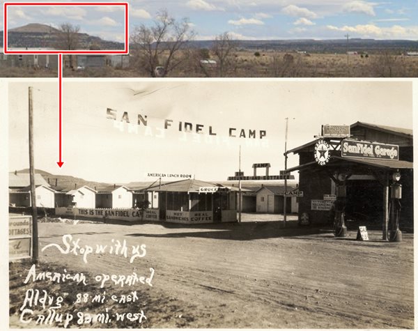 1930s view and current view of San Fidel camp US66 Cafe, gas station and cabins in a black and white picture (bottom), hills in the distance. Top: same hills nowadays, color photo