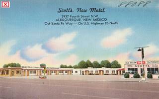 Scott’s New Notel 1950s postcard 1950s postcard motel with U-layout, office and store on the right, sign on the left, highway in front