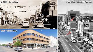 three images: clockwise. black and white street view 2 story bld. right. Aerial view of street, buildings and cars. A color view of a building on a corner. All show the same Sears building over the years