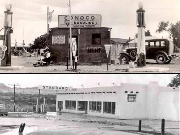 black and white images: top: 1930s Conoco gas station, box one-room building, gas pumps, car. Bottom: white long single floor building, Standard gas sign to the left c.1960s