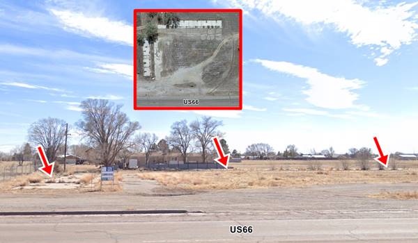 satellite view inset in a street view of a vacant property where an L-shaped outline of foundations can be seen from Route 66. Red arrows show where they are. Trees in the rear
