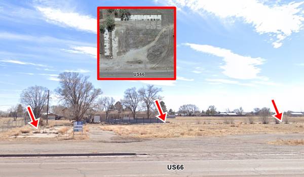 Site of Siesta Motel, US66 Moriarty satellite view inset in a St. view of a vacant property where an L-shaped outline of foundations can be seen from Route 66. Red arrows show where they are. Trees in the rear