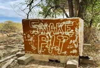 Snake pit closeup Hitchin Post Moriarty US66 Brown box-shaped concrete snake pit trees and shrubs around it words SNAKE PIT written on it in white paint