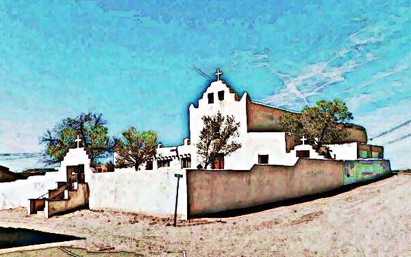 austere, whitewashed adobe Saint Joseph Mission from 1699, Laguna Pueblo, Route 66, New Mexico