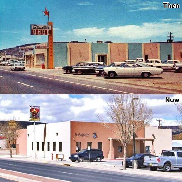 composite image. Top: 1960s Cafe, neon sign topped by star, building behind with pink and blue vertical panels on wall facing a parking lot (right). Entrance on Route 66 on the left. Bottom: same view now, block shaped building, parking lot right. Route 66 left.