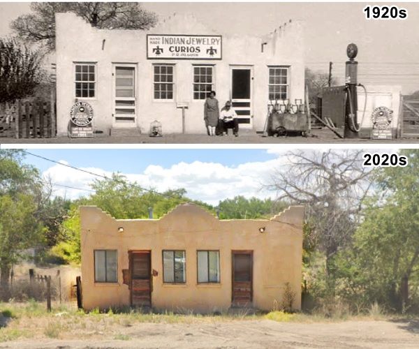 top: black and white photo 1920s store, gas pumps, man and woman. Bottom: color view adobe house, some trees