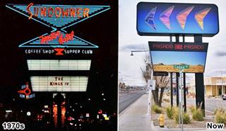 old and new neon signs of Sundowner motel, side by side in a composite image