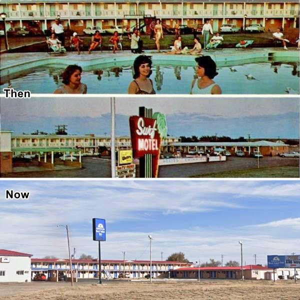 A 1960s view of the Motel Oasis on the top, and its current appearance below