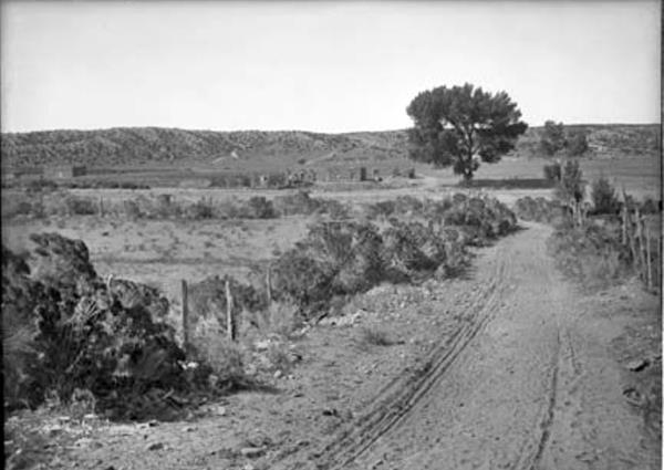 black and white, hills, dirt road, some trees, village in the distance taken in 1909