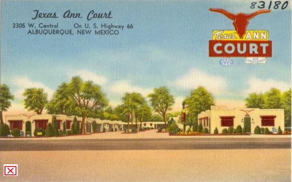 Vintage 1940s postcard motel with U-shaped layout, neon sign inset, with longorn head, and trees in its courtyard