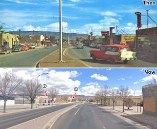 Then and Now view of Route 66 in Downtown Grants image combines, TOP: 1950s color view street, cars buildings with neon signs. BOTTOM: same spot, less buildings, no cars no neon signs