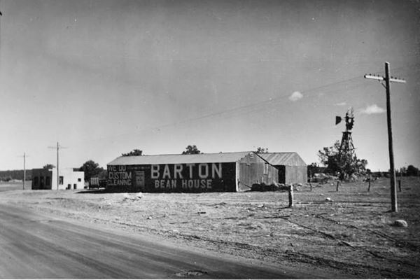 black and white picture 1937. Two long gable roof buildings with sign painted on wall of one reading BARTON BEAN HOUSE, windmill to the right, block shaped white building to the left