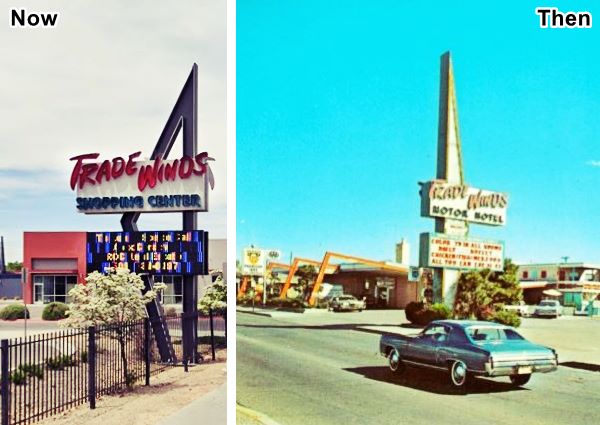 combined image showing 1970 neon sign (with a car) and current sign of the Shopping Center. Both very similar