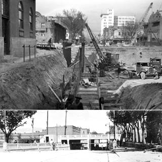 two images from 1937. Top: heavy equipment digging underpass in urban setting. Bottom underpass, two lanes go, two return, and buildings