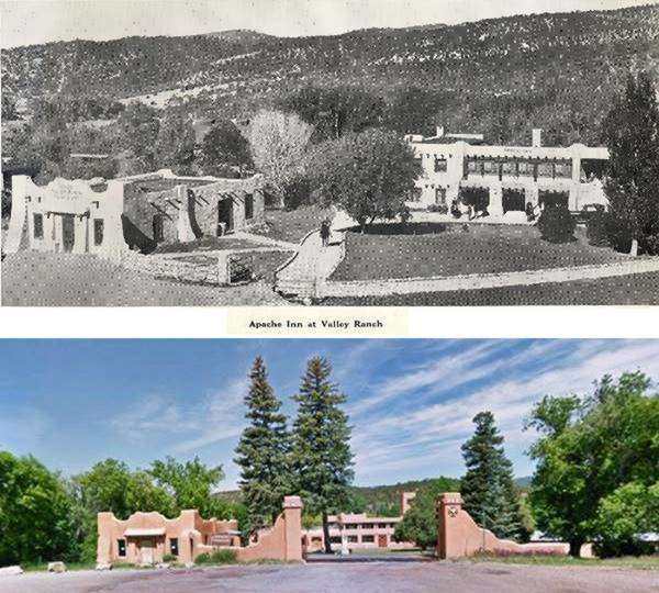 top, black and white 1921 buildings Pueblo style and trees, a lodge. Bottom color, 2023, same place now an abbey, brown adobe colored walls