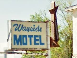 Wayside Motel sign, Grants NM US66 acrylic sign, white with blue letters: WAYSIDE MOTEL