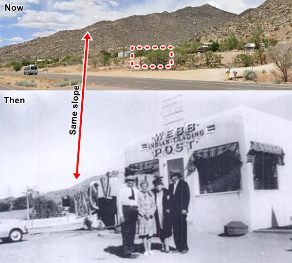 image combines two pictures. Top: black and white picture 1950s car, three people, and trading post, and bottom: current color view same spot, hill, bushes, buildings, highway