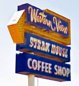 blue with white letters and a yellow arrow, the Neon Sign at Western View Diner, Route 66