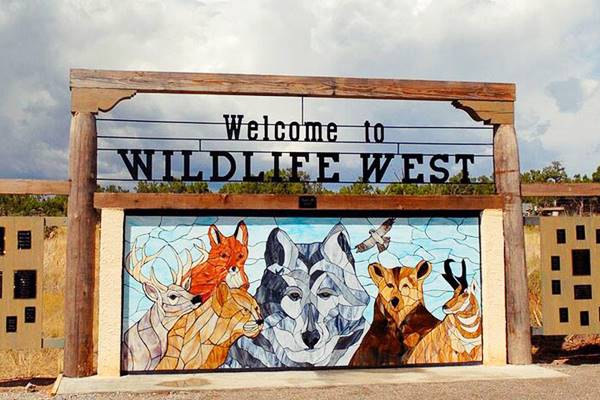 sign with animals painted on it fox, bear, cougar, coyte, etc and WELCOME TO WILDLIFE WEST written on it