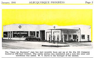 1941 view of Zia Oil Co. gas station black and white photo, car to the left by a glazed store with curved wall. Gas station and service bays with flat canopy to the right. Text below
