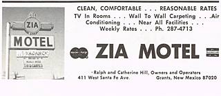 Zia Motel 1960s advert US66 Grants NM black and white advert 1960s with image of a motel with its image and text