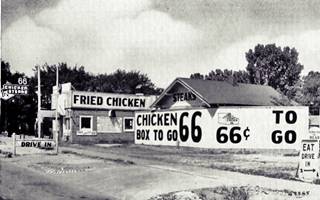 66 Chickent West Tulsa US66 fried chicken restaurant signs say 66 Chicken, 66 cts c.1940s