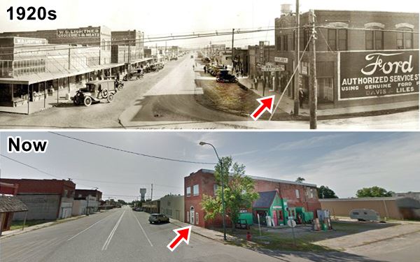 two photos, one from the 1920 and one taken now, showing the corner of Main and Commerce Streets (Route 66)