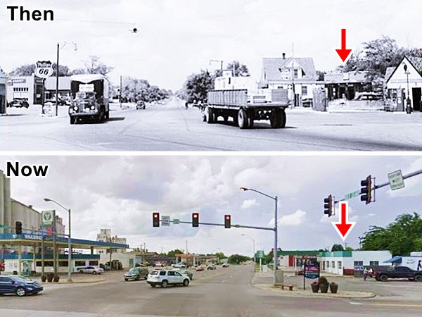 late 1940s black and white, and current view in color of Route 66 and Elm in El Reno