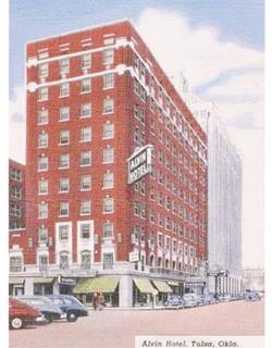 Alvin Hotel Tulsa c.1940 color linnen 1940s postcard red brick 10 story hotel on corner, neon sign reads ALVIN