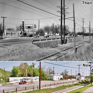 Bell gas station then and now Tulsa US 66 top: black and white long low building BELL on neon sign, a gas station, homes to the right. Bottom: color, same spot, same gas station and sign, some houses still there (2012).