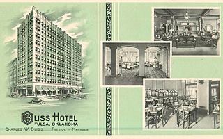 Bliss Hotel postcard c.1930s Tulsa teal, black and white 1930s postcard right rooms, cafe; left tall box shaped building, text: BLISS HOTEL