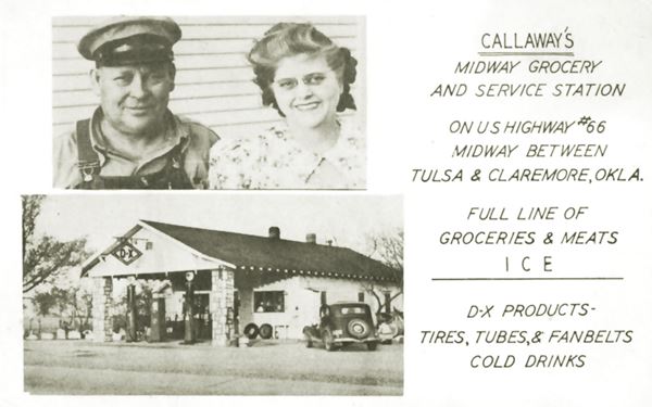 1930s black and white postcard, gas station with car, and its owners