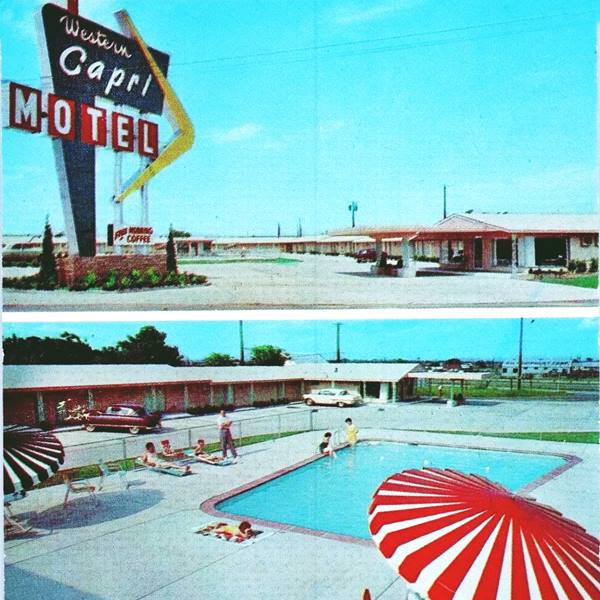1950s Western Capri Motel postcard Tulsa color photo 1950s postcard. Top: neon sign red and blue and yellow arrow Western Capri motel. Bottom: pool, parasol, car, people relaxing