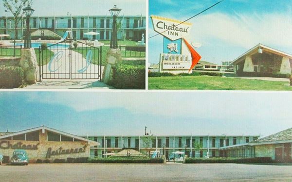 color postcard c.1970 motel, pool and neon sign