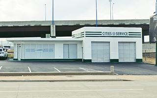 #8 Cities Service Station Tulsa icebox shaped 1950s gas station, Cities Service green logo and bands on white building, glazed office left, 2 multipane service bays right